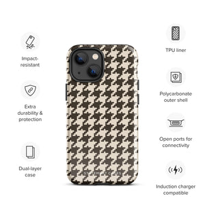 A Timeless Houndstooth for iPhone with a dual-camera system is encased in an impact-resistant polycarbonate, houndstooth-patterned case. The black and beige design features the brand name "Statement Cases" printed at the bottom, ensuring both style and dual-layer protection for your device.