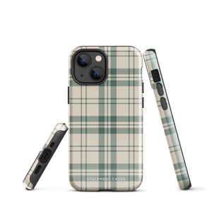 A smartphone with a beige and green plaid-patterned, impact-resistant polycarbonate case is shown. The phone’s rear camera lenses are prominently visible at the top left. The durable phone case features the words “Statement Cases” printed in small text at the bottom center. This is the Elegant Plaid for iPhone.