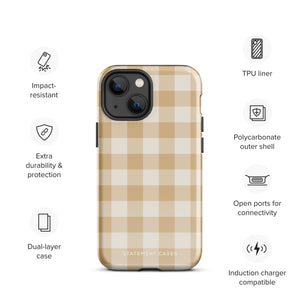 A Gingham Grace for iPhone by Statement Cases is covered with a protective case featuring a beige and white checkered pattern. The case's design includes a matte finish, dual-layer protection with an impact-resistant polycarbonate exterior and TPU lining, and the text "Statement Cases" printed near the bottom. The phone's cameras and buttons are visible.