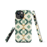 A Smartphone with a durable Old World Mosaic for iPhone case by Statement Cases showcasing a geometric pattern in shades of green, beige, and white. The symmetrical, angular designs create an almost star-like appearance. The impact-resistant polycarbonate construction ensures protection while the camera lenses remain visible at the top left corner.