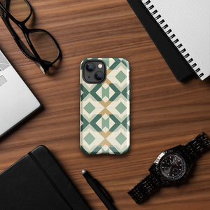 A Smartphone with a durable Old World Mosaic for iPhone case by Statement Cases showcasing a geometric pattern in shades of green, beige, and white. The symmetrical, angular designs create an almost star-like appearance. The impact-resistant polycarbonate construction ensures protection while the camera lenses remain visible at the top left corner.