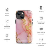 The Gold Blush Marble for iPhone showcases a glossy, marble-patterned case in shades of pink and gold. The decorative design features swirling patterns, seamlessly blending the colors. Crafted with impact-resistant polycarbonate for superior phone protection, "Statement Cases" is written in white at the bottom.