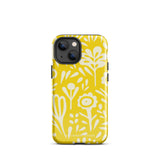 The Sol Dorado for iPhone by Statement Cases is a smartphone with a yellow case featuring a white, abstract floral and plant pattern. The camera lenses are prominent in the top left corner of the device. With dual-layer protection and impact-resistant TPU lining, "Statement Cases" is printed at the bottom of the case.