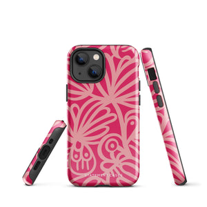 Introducing the Zafiro Rosa for iPhone by Statement Cases: a smartphone case featuring abstract floral and leaf patterns in various shades of pink. This dual-layer protection case combines an impact-resistant polycarbonate exterior with a TPU inner liner to ensure durability. The design showcases the brand name "Statement Cases" at the bottom, with precise cutouts revealing the phone’s camera lenses at the top left corner.