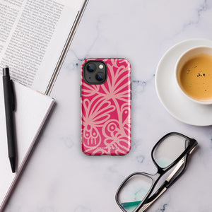 Introducing the Zafiro Rosa for iPhone by Statement Cases: a smartphone case featuring abstract floral and leaf patterns in various shades of pink. This dual-layer protection case combines an impact-resistant polycarbonate exterior with a TPU inner liner to ensure durability. The design showcases the brand name "Statement Cases" at the bottom, with precise cutouts revealing the phone’s camera lenses at the top left corner.