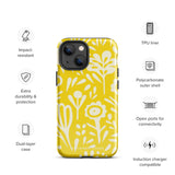 The Sol Dorado for iPhone by Statement Cases is a smartphone with a yellow case featuring a white, abstract floral and plant pattern. The camera lenses are prominent in the top left corner of the device. With dual-layer protection and impact-resistant TPU lining, "Statement Cases" is printed at the bottom of the case.