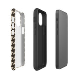 A Timeless Houndstooth for iPhone with a dual-camera system is encased in an impact-resistant polycarbonate, houndstooth-patterned case. The black and beige design features the brand name "Statement Cases" printed at the bottom, ensuring both style and dual-layer protection for your device.