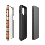 A Neutral Heritage Tartan for iPhone by Statement Cases with a plaid-patterned, impact-resistant polycarbonate case featuring beige, black, white, and red stripes. The durable phone case has the text "STATEMENT CASES" written at the bottom. The phone boasts a triple camera setup with an additional sensor and flash.