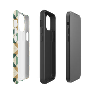 A Smartphone with a durable Old World Mosaic for iPhone case by Statement Cases showcasing a geometric pattern in shades of green, beige, and white. The symmetrical, angular designs create an almost star-like appearance. The impact-resistant polycarbonate construction ensures protection while the camera lenses remain visible at the top left corner.