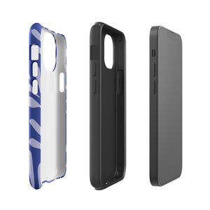 An iPhone encased in the "Mariposa Azul" by Statement Cases, featuring a blue design with an abstract white leaf pattern. The case combines curved and pointed shapes and provides dual-layer protection with TPU lining and impact-resistant polycarbonate. Camera lenses and other top elements remain unobstructed, and "Statement Cases" is inscribed at the bottom.