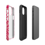 Introducing the Zafiro Rosa for iPhone by Statement Cases: a smartphone case featuring abstract floral and leaf patterns in various shades of pink. This dual-layer protection case combines an impact-resistant polycarbonate exterior with a TPU inner liner to ensure durability. The design showcases the brand name "Statement Cases" at the bottom, with precise cutouts revealing the phone’s camera lenses at the top left corner.