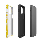 The Sol Dorado for iPhone by Statement Cases is a smartphone with a yellow case featuring a white, abstract floral and plant pattern. The camera lenses are prominent in the top left corner of the device. With dual-layer protection and impact-resistant TPU lining, "Statement Cases" is printed at the bottom of the case.