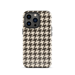 A Timeless Houndstooth for iPhone with a dual-camera system is encased in an impact-resistant polycarbonate, houndstooth-patterned case. The black and beige design features the brand name "Statement Cases" printed at the bottom, ensuring both style and dual-layer protection for your device.