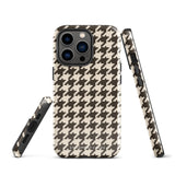 A Timeless Houndstooth for iPhone with a dual-camera system is encased in an impact-resistant polycarbonate, houndstooth-patterned case. The black and beige design features the brand name "Statement Cases" printed at the bottom, ensuring both style and dual-layer protection for your device.