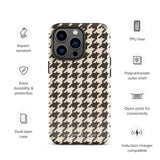 A Timeless Houndstooth for iPhone with a dual-camera system is encased in an impact-resistant polycarbonate, houndstooth-patterned case. The black and beige design features the brand name "Statement Cases" printed at the bottom, ensuring both style and dual-layer protection for your device.