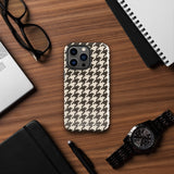 A Timeless Houndstooth for iPhone with a dual-camera system is encased in an impact-resistant polycarbonate, houndstooth-patterned case. The black and beige design features the brand name "Statement Cases" printed at the bottom, ensuring both style and dual-layer protection for your device.