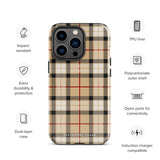 A Neutral Heritage Tartan for iPhone by Statement Cases with a plaid-patterned, impact-resistant polycarbonate case featuring beige, black, white, and red stripes. The durable phone case has the text "STATEMENT CASES" written at the bottom. The phone boasts a triple camera setup with an additional sensor and flash.