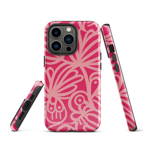 Introducing the Zafiro Rosa for iPhone by Statement Cases: a smartphone case featuring abstract floral and leaf patterns in various shades of pink. This dual-layer protection case combines an impact-resistant polycarbonate exterior with a TPU inner liner to ensure durability. The design showcases the brand name "Statement Cases" at the bottom, with precise cutouts revealing the phone’s camera lenses at the top left corner.