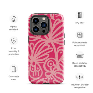 Introducing the Zafiro Rosa for iPhone by Statement Cases: a smartphone case featuring abstract floral and leaf patterns in various shades of pink. This dual-layer protection case combines an impact-resistant polycarbonate exterior with a TPU inner liner to ensure durability. The design showcases the brand name "Statement Cases" at the bottom, with precise cutouts revealing the phone’s camera lenses at the top left corner.