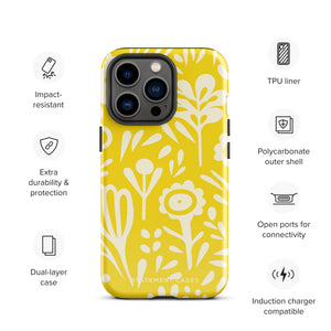 The Sol Dorado for iPhone by Statement Cases is a smartphone with a yellow case featuring a white, abstract floral and plant pattern. The camera lenses are prominent in the top left corner of the device. With dual-layer protection and impact-resistant TPU lining, "Statement Cases" is printed at the bottom of the case.