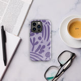 The Luna Morada for iPhone by Statement Cases is a durable phone case with a purple protective exterior featuring abstract dark purple and lavender patterns. The design includes geometric shapes and curves, giving it a modern artistic look. Made from impact-resistant polycarbonate, the lower part of the case prominently displays "STATEMENT CASES.