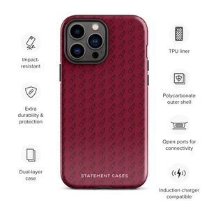 A protective iPhone case with a maroon background and a repeating pattern of small eyeglasses. Designed for the iPhone 15 Pro Max, the camera and buttons of the phone are visible. The bottom of the case features the text "Rockstar Red for iPhone" in white from Statement Cases.