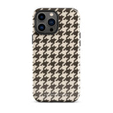 A Timeless Houndstooth for iPhone with a dual-camera system is encased in an impact-resistant polycarbonate, houndstooth-patterned case. The black and beige design features the brand name "Statement Cases" printed at the bottom, ensuring both style and dual-layer protection for your device.