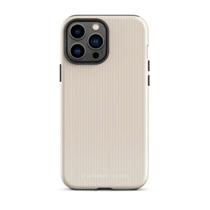 A beige smartphone case with a subtle vertical stripe pattern is shown. Crafted from impact-resistant polycarbonate, it fits a phone with a triple camera setup and flash. The durable dual-layer case includes a TPU inner liner for extra protection. "Statement Cases" is printed on the lower back of the *Noble Pinstripe for iPhone*.