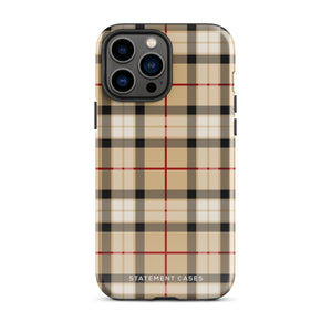 A Neutral Heritage Tartan for iPhone by Statement Cases with a plaid-patterned, impact-resistant polycarbonate case featuring beige, black, white, and red stripes. The durable phone case has the text "STATEMENT CASES" written at the bottom. The phone boasts a triple camera setup with an additional sensor and flash.