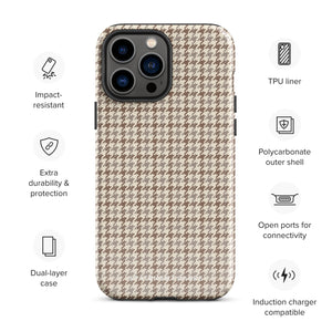 A smartphone with a brown and beige houndstooth-patterned case is shown from the back. The impact-resistant, dual-layered Classic Houndstooth for iPhone by Statement Cases protects the phone's body and leaves openings for the camera lenses and flash. The hues give the case a stylish and sophisticated appearance.