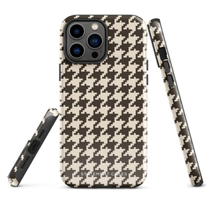 A Timeless Houndstooth for iPhone with a dual-camera system is encased in an impact-resistant polycarbonate, houndstooth-patterned case. The black and beige design features the brand name "Statement Cases" printed at the bottom, ensuring both style and dual-layer protection for your device.