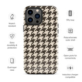 A Timeless Houndstooth for iPhone with a dual-camera system is encased in an impact-resistant polycarbonate, houndstooth-patterned case. The black and beige design features the brand name "Statement Cases" printed at the bottom, ensuring both style and dual-layer protection for your device.