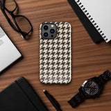 A Timeless Houndstooth for iPhone with a dual-camera system is encased in an impact-resistant polycarbonate, houndstooth-patterned case. The black and beige design features the brand name "Statement Cases" printed at the bottom, ensuring both style and dual-layer protection for your device.