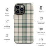 A smartphone with a beige and green plaid-patterned, impact-resistant polycarbonate case is shown. The phone’s rear camera lenses are prominently visible at the top left. The durable phone case features the words “Statement Cases” printed in small text at the bottom center. This is the Elegant Plaid for iPhone.