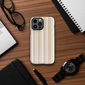 A beige and white striped, impact-resistant phone case for a smartphone. The Estate Stripe for iPhone features vertical stripes and dual-layer protection, designed to fit a phone with multiple camera lenses. The brand name "Statement Cases" is subtly printed at the bottom.