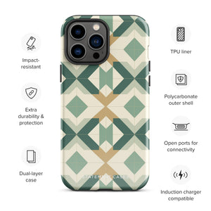 A Smartphone with a durable Old World Mosaic for iPhone case by Statement Cases showcasing a geometric pattern in shades of green, beige, and white. The symmetrical, angular designs create an almost star-like appearance. The impact-resistant polycarbonate construction ensures protection while the camera lenses remain visible at the top left corner.