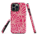 Introducing the Zafiro Rosa for iPhone by Statement Cases: a smartphone case featuring abstract floral and leaf patterns in various shades of pink. This dual-layer protection case combines an impact-resistant polycarbonate exterior with a TPU inner liner to ensure durability. The design showcases the brand name "Statement Cases" at the bottom, with precise cutouts revealing the phone’s camera lenses at the top left corner.