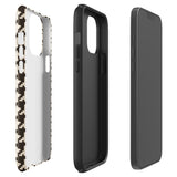 A Timeless Houndstooth for iPhone with a dual-camera system is encased in an impact-resistant polycarbonate, houndstooth-patterned case. The black and beige design features the brand name "Statement Cases" printed at the bottom, ensuring both style and dual-layer protection for your device.