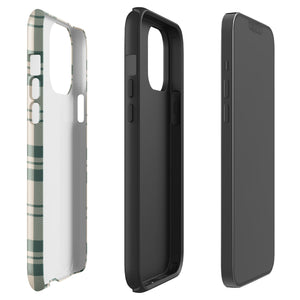 A smartphone with a beige and green plaid-patterned, impact-resistant polycarbonate case is shown. The phone’s rear camera lenses are prominently visible at the top left. The durable phone case features the words “Statement Cases” printed in small text at the bottom center. This is the Elegant Plaid for iPhone.