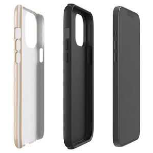 A beige and white striped, impact-resistant phone case for a smartphone. The Estate Stripe for iPhone features vertical stripes and dual-layer protection, designed to fit a phone with multiple camera lenses. The brand name "Statement Cases" is subtly printed at the bottom.