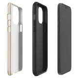 A beige and white striped, impact-resistant phone case for a smartphone. The Estate Stripe for iPhone features vertical stripes and dual-layer protection, designed to fit a phone with multiple camera lenses. The brand name "Statement Cases" is subtly printed at the bottom.