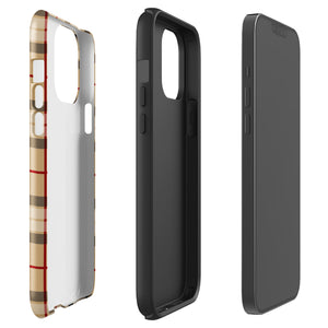 A Neutral Heritage Tartan for iPhone by Statement Cases with a plaid-patterned, impact-resistant polycarbonate case featuring beige, black, white, and red stripes. The durable phone case has the text "STATEMENT CASES" written at the bottom. The phone boasts a triple camera setup with an additional sensor and flash.