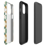 A Smartphone with a durable Old World Mosaic for iPhone case by Statement Cases showcasing a geometric pattern in shades of green, beige, and white. The symmetrical, angular designs create an almost star-like appearance. The impact-resistant polycarbonate construction ensures protection while the camera lenses remain visible at the top left corner.