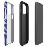 An iPhone encased in the "Mariposa Azul" by Statement Cases, featuring a blue design with an abstract white leaf pattern. The case combines curved and pointed shapes and provides dual-layer protection with TPU lining and impact-resistant polycarbonate. Camera lenses and other top elements remain unobstructed, and "Statement Cases" is inscribed at the bottom.