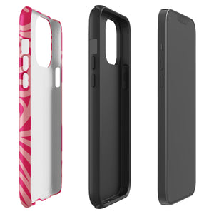 Introducing the Zafiro Rosa for iPhone by Statement Cases: a smartphone case featuring abstract floral and leaf patterns in various shades of pink. This dual-layer protection case combines an impact-resistant polycarbonate exterior with a TPU inner liner to ensure durability. The design showcases the brand name "Statement Cases" at the bottom, with precise cutouts revealing the phone’s camera lenses at the top left corner.