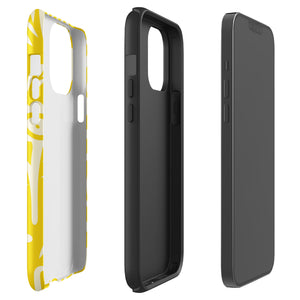 The Sol Dorado for iPhone by Statement Cases is a smartphone with a yellow case featuring a white, abstract floral and plant pattern. The camera lenses are prominent in the top left corner of the device. With dual-layer protection and impact-resistant TPU lining, "Statement Cases" is printed at the bottom of the case.