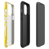 The Sol Dorado for iPhone by Statement Cases is a smartphone with a yellow case featuring a white, abstract floral and plant pattern. The camera lenses are prominent in the top left corner of the device. With dual-layer protection and impact-resistant TPU lining, "Statement Cases" is printed at the bottom of the case.