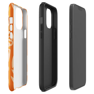 A Savannah Ardiente for iPhone from Statement Cases, featuring a dual-layered phone case in orange with a floral pattern showcasing cream-colored flowers, leaves, and geometric shapes. This impact-resistant polycarbonate case displays "STATEMENT CASES" at the bottom and reveals the camera lenses at the top left corner.