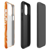 A Savannah Ardiente for iPhone from Statement Cases, featuring a dual-layered phone case in orange with a floral pattern showcasing cream-colored flowers, leaves, and geometric shapes. This impact-resistant polycarbonate case displays "STATEMENT CASES" at the bottom and reveals the camera lenses at the top left corner.