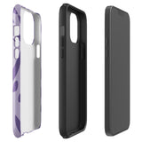 The Luna Morada for iPhone by Statement Cases is a durable phone case with a purple protective exterior featuring abstract dark purple and lavender patterns. The design includes geometric shapes and curves, giving it a modern artistic look. Made from impact-resistant polycarbonate, the lower part of the case prominently displays "STATEMENT CASES.